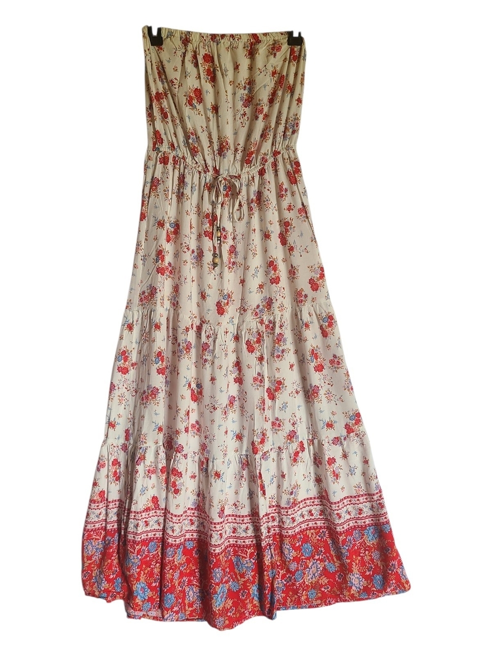 Bebop Floral Strapless Tiered Maxi Dress Small Red Border Boho